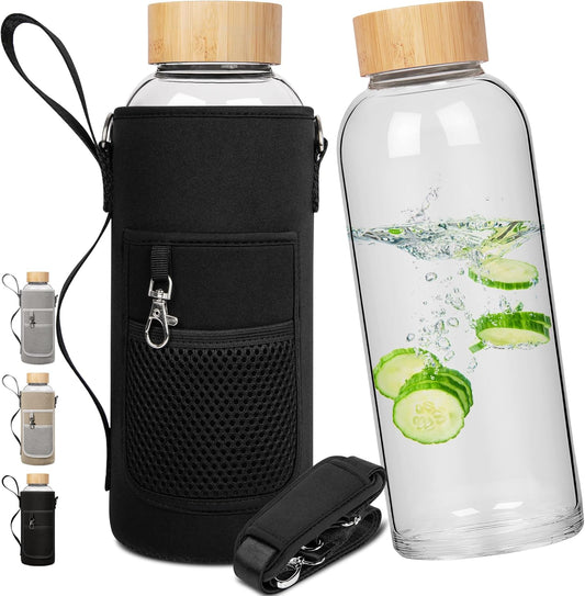 48 oz Borosilicate Glass Water Bottle with Bamboo Lid, Neoprene Sleeve - Ferexer Sports Bottle