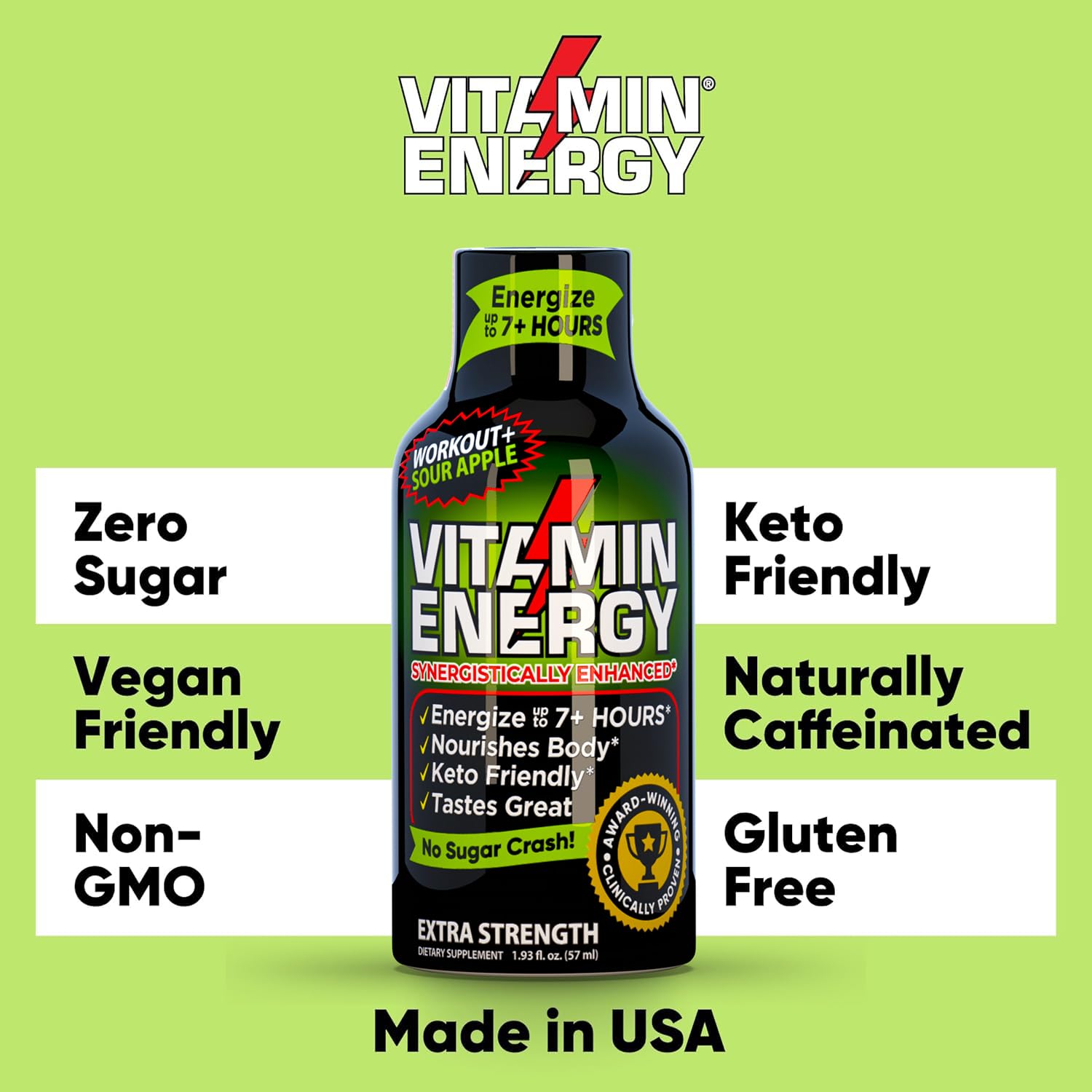 48 Pack of Keto-Friendly Sugar-Free Pre Workout Energy Shots with Green Tea Caffeine | Natural Proprietary Endurance Blend for 7+ Hours of Energy - Sour Apple Flavor - 1.93 Fl Oz