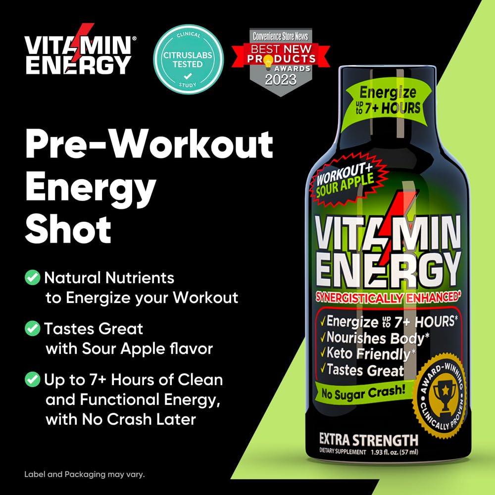 48 Pack of Keto-Friendly Sugar-Free Pre Workout Energy Shots with Green Tea Caffeine | Natural Proprietary Endurance Blend for 7+ Hours of Energy - Sour Apple Flavor - 1.93 Fl Oz