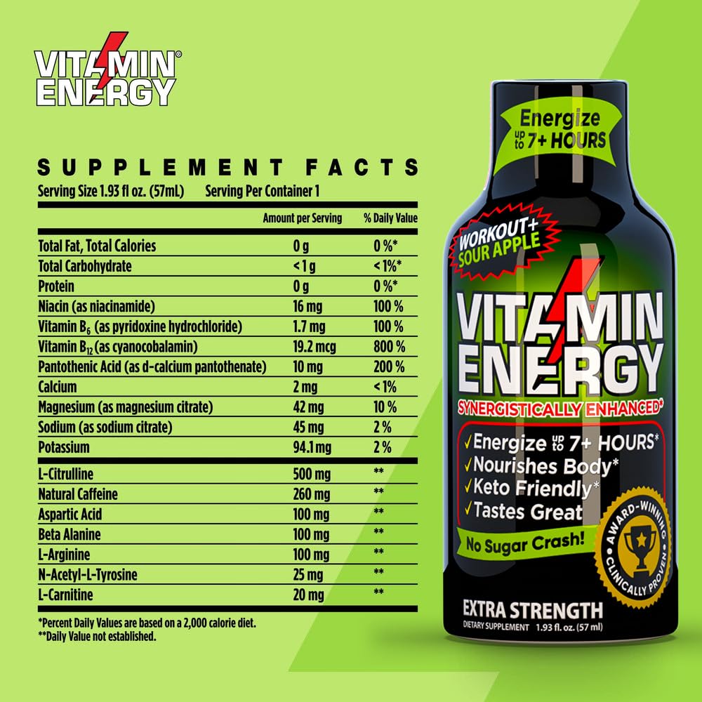 48 Pack of Keto-Friendly Sugar-Free Pre Workout Energy Shots with Green Tea Caffeine | Natural Proprietary Endurance Blend for 7+ Hours of Energy - Sour Apple Flavor - 1.93 Fl Oz