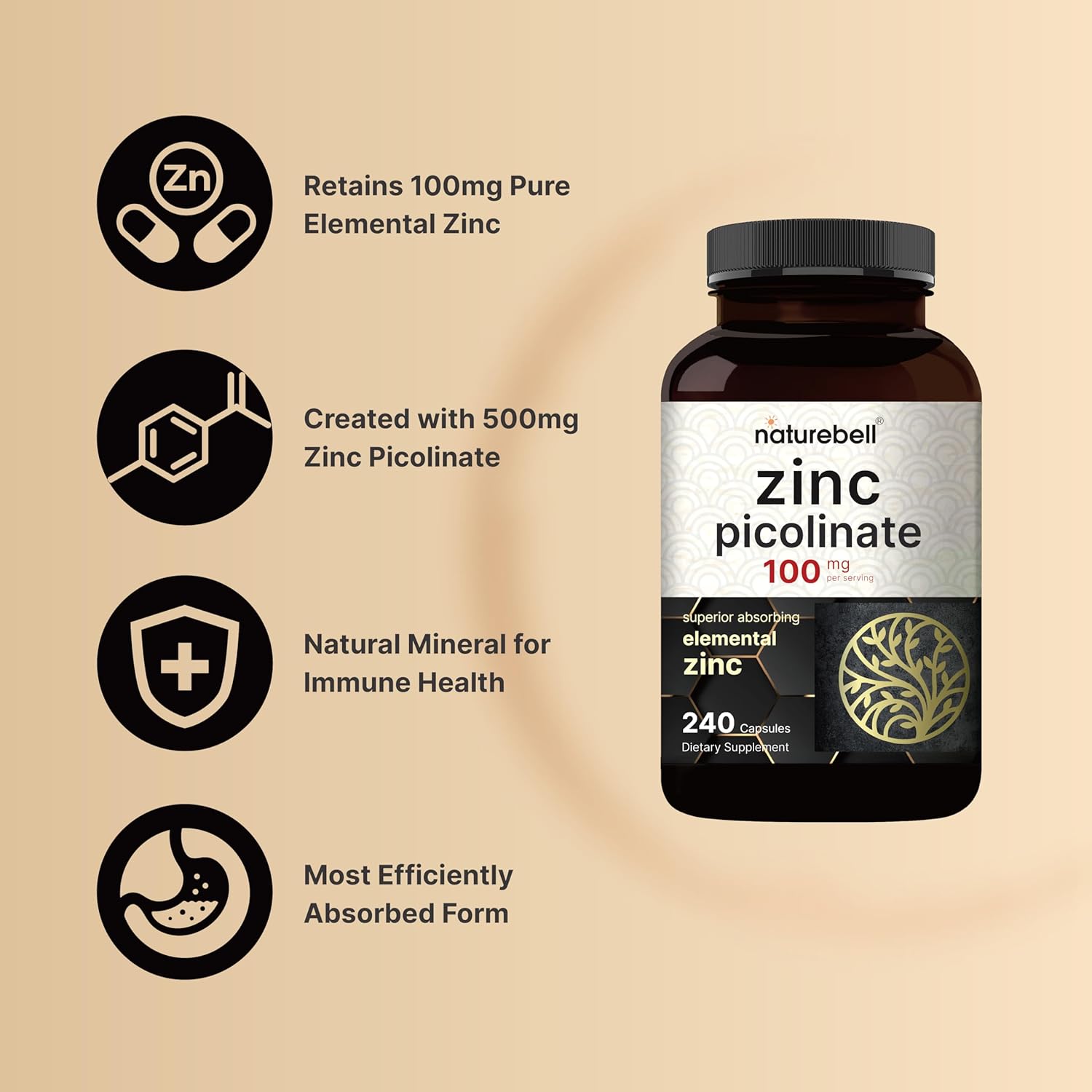 480 Count NatureBell Zinc Picolinate 100mg Capsules for Immune System & Enzyme Support