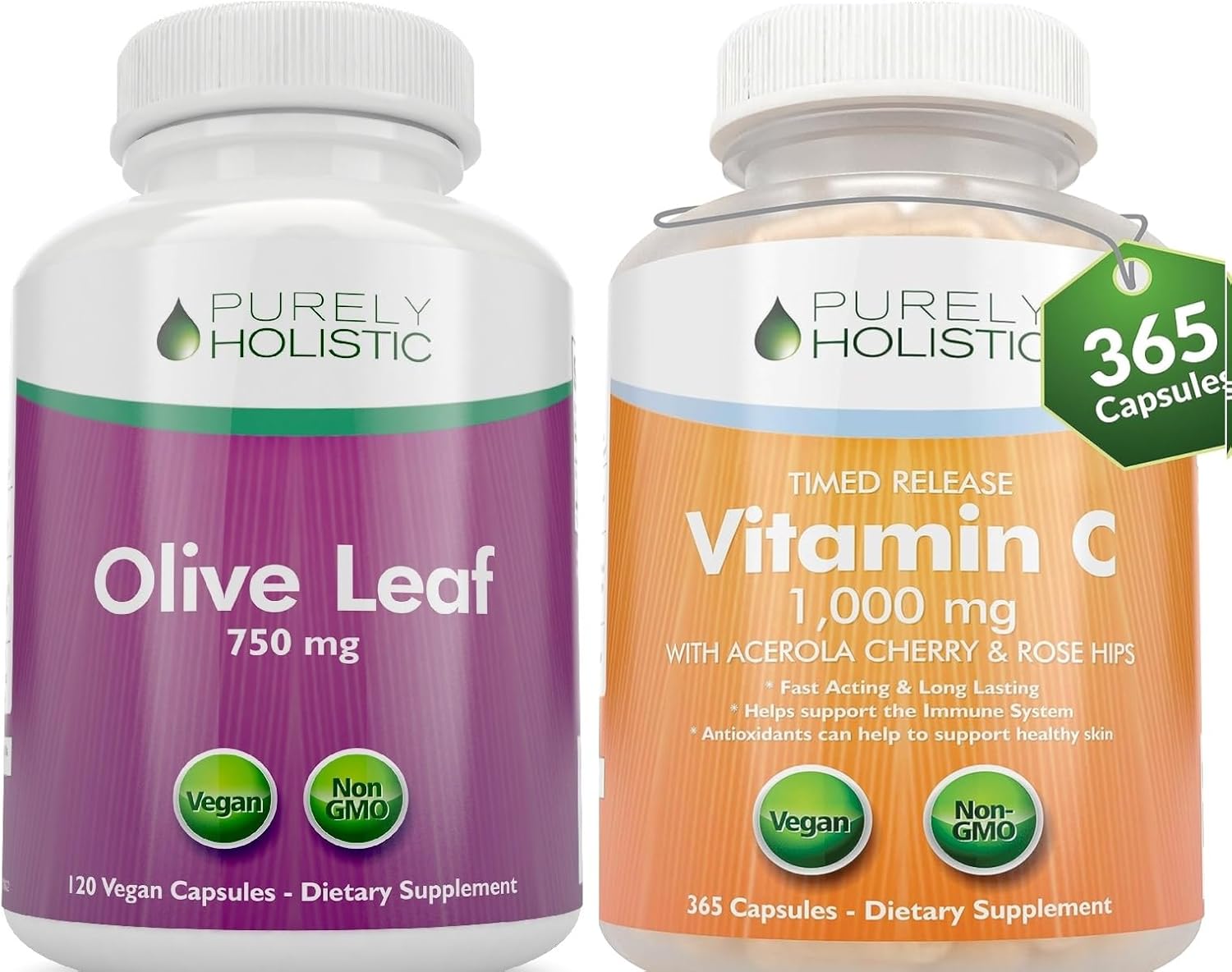 485 Vegan Capsules of Purely Holistic Olive Leaf Extract 750mg + Vitamin C 1000mg 2 Stage Release Bundle - USA Made
