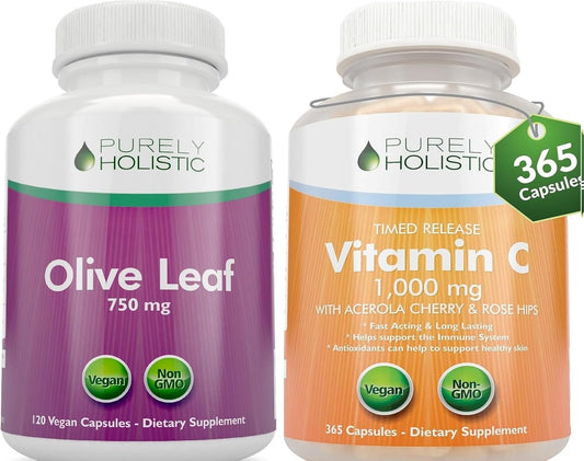 485 Vegan Capsules of Purely Holistic Olive Leaf Extract 750mg + Vitamin C 1000mg 2 Stage Release Bundle - USA Made
