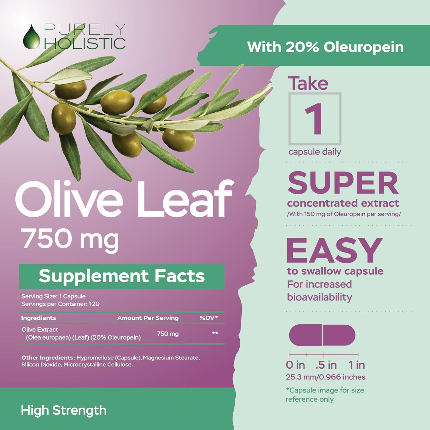 485 Vegan Capsules of Purely Holistic Olive Leaf Extract 750mg + Vitamin C 1000mg 2 Stage Release Bundle - USA Made
