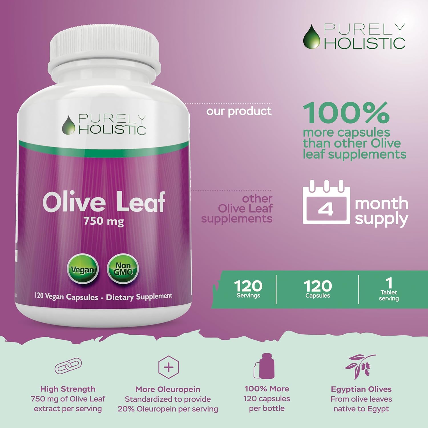 485 Vegan Capsules of Purely Holistic Olive Leaf Extract 750mg + Vitamin C 1000mg 2 Stage Release Bundle - USA Made