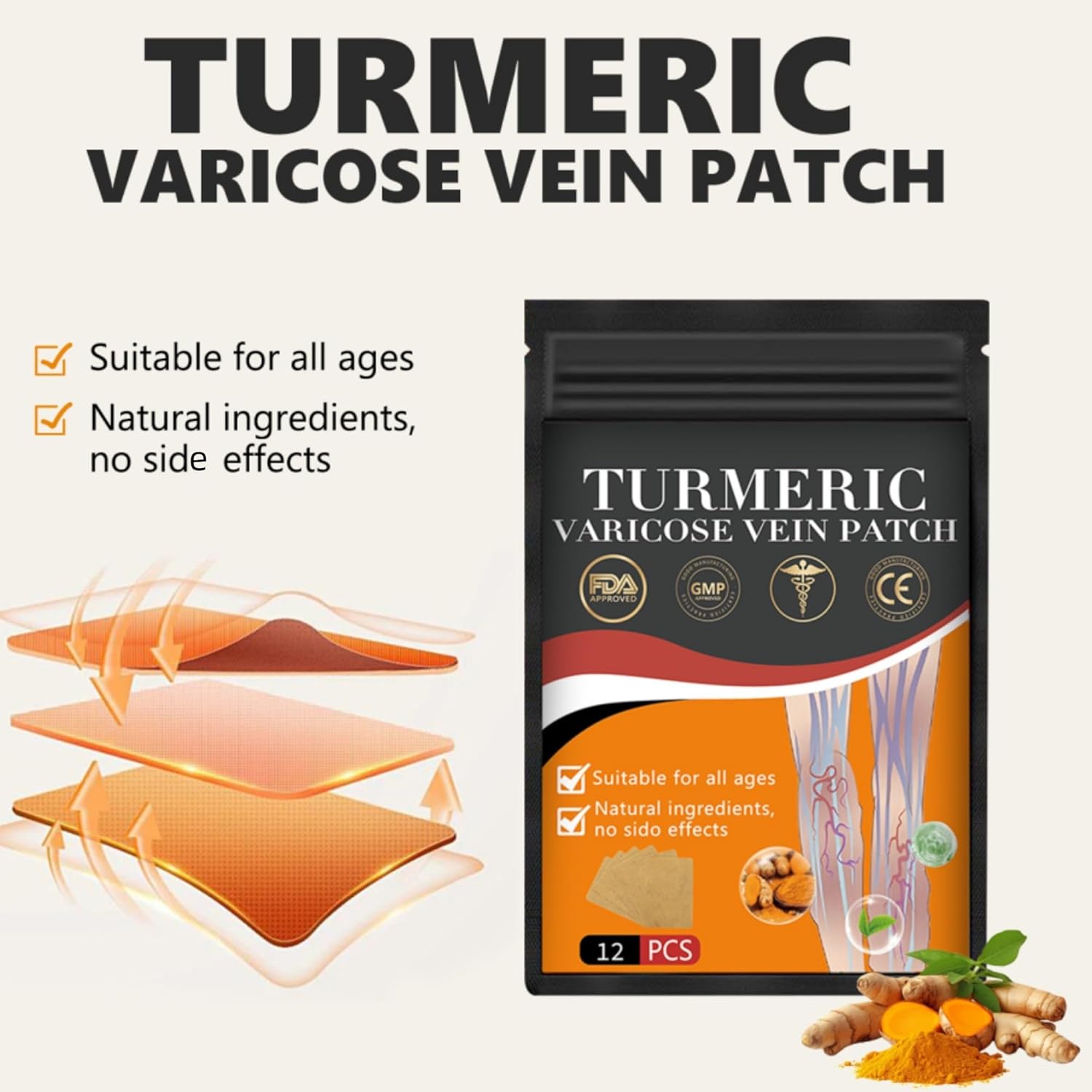48PCS Turmeric Varicose Vein Patch for Legs - Natural Relief from Varicose Veins and Spider Veins