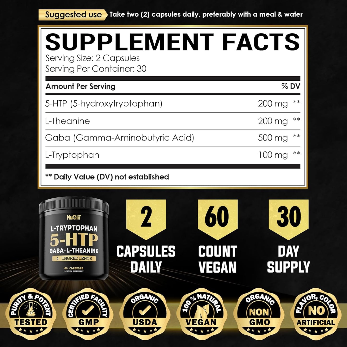 4in1 Premium Blend Supplement for Brain, Circulation, Concentration, and Sleep - 60 Capsules - NUQIIT 5 HTP 200mg GABA 500mg L-Theanine 200mg L-Tryptophan 100mg - Supports Overall Health