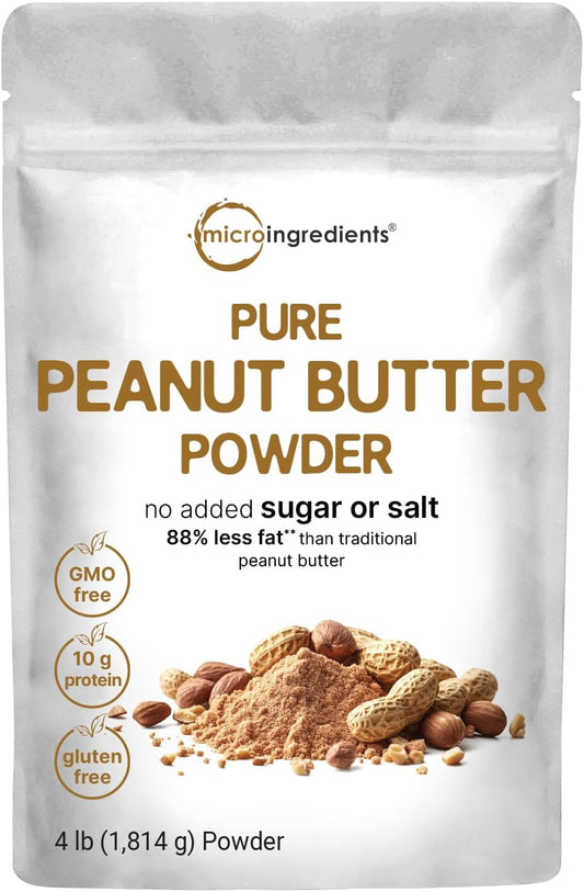 4lbs Micro Ingredients Peanut Butter Powder - 106 Servings, 10g Protein, 88% Less Fat, No Added Sugar/Salt, Non-GMO