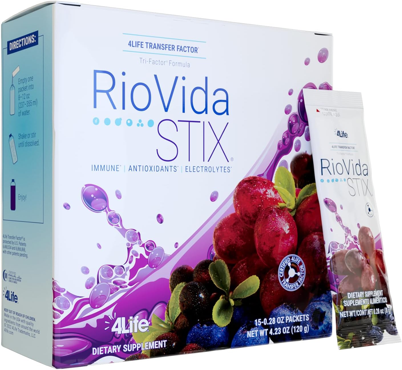 4Life Transfer Factor RioVida Stix Tri-Factor Formula with Elderberry, Blueberry, Pomegranate, Acai - 15 Packets - Immune System Support