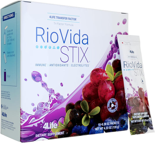 4Life Transfer Factor RioVida Stix Tri-Factor Formula with Elderberry, Blueberry, Pomegranate, Acai - 15 Packets - Immune System Support