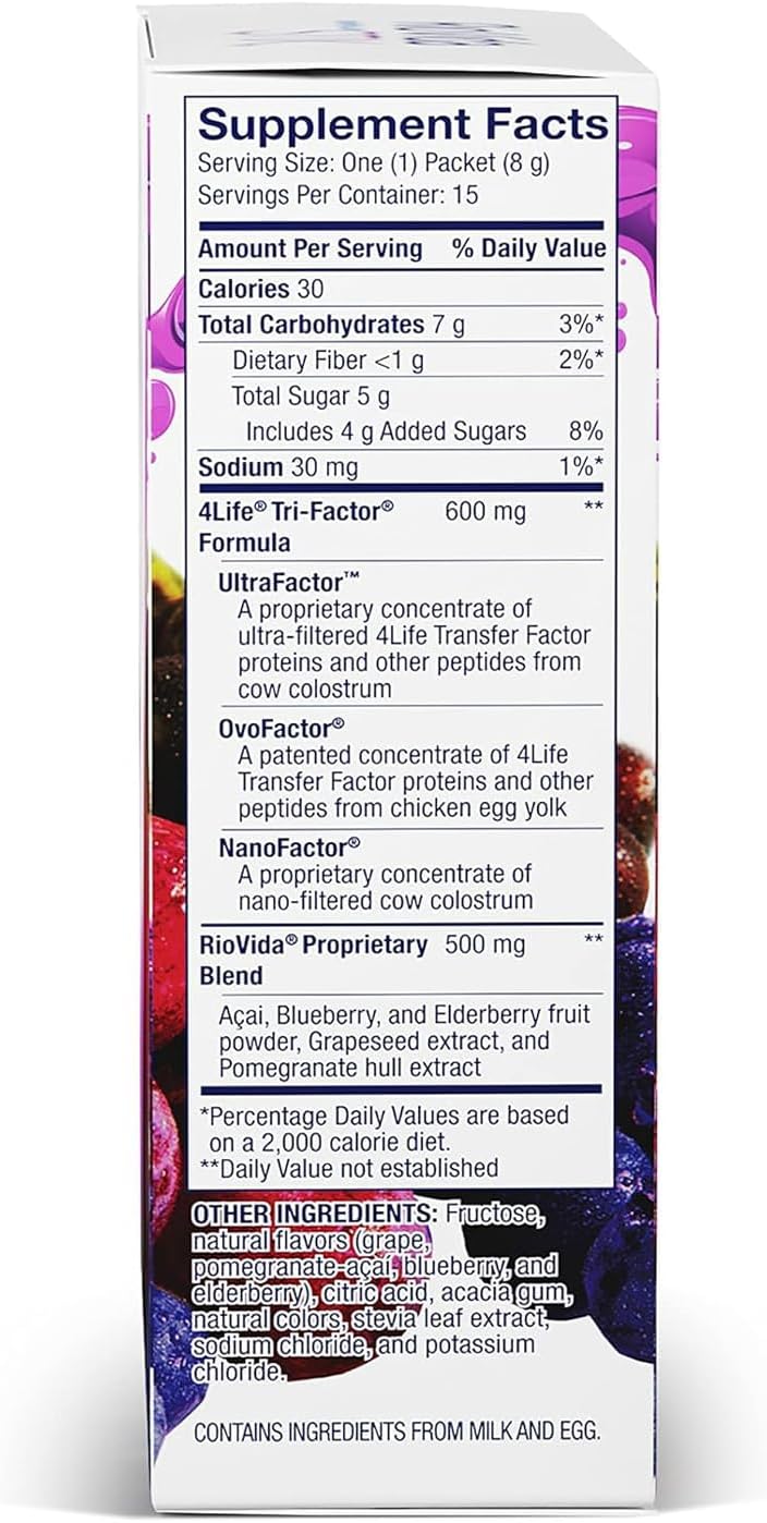 4Life Transfer Factor RioVida Stix Tri-Factor Formula with Elderberry, Blueberry, Pomegranate, Acai - 15 Packets - Immune System Support