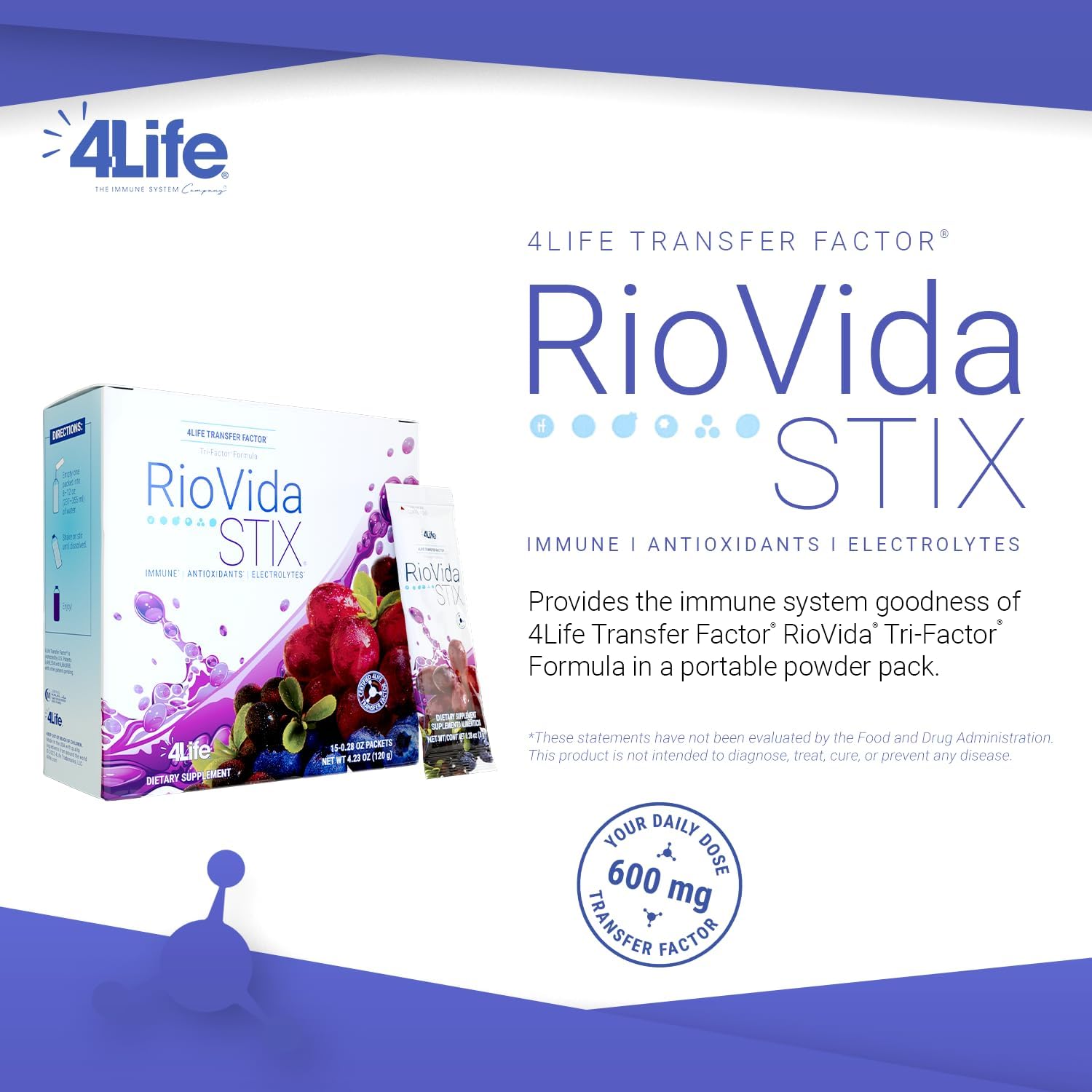 4Life Transfer Factor RioVida Stix Tri-Factor Formula with Elderberry, Blueberry, Pomegranate, Acai - 15 Packets - Immune System Support
