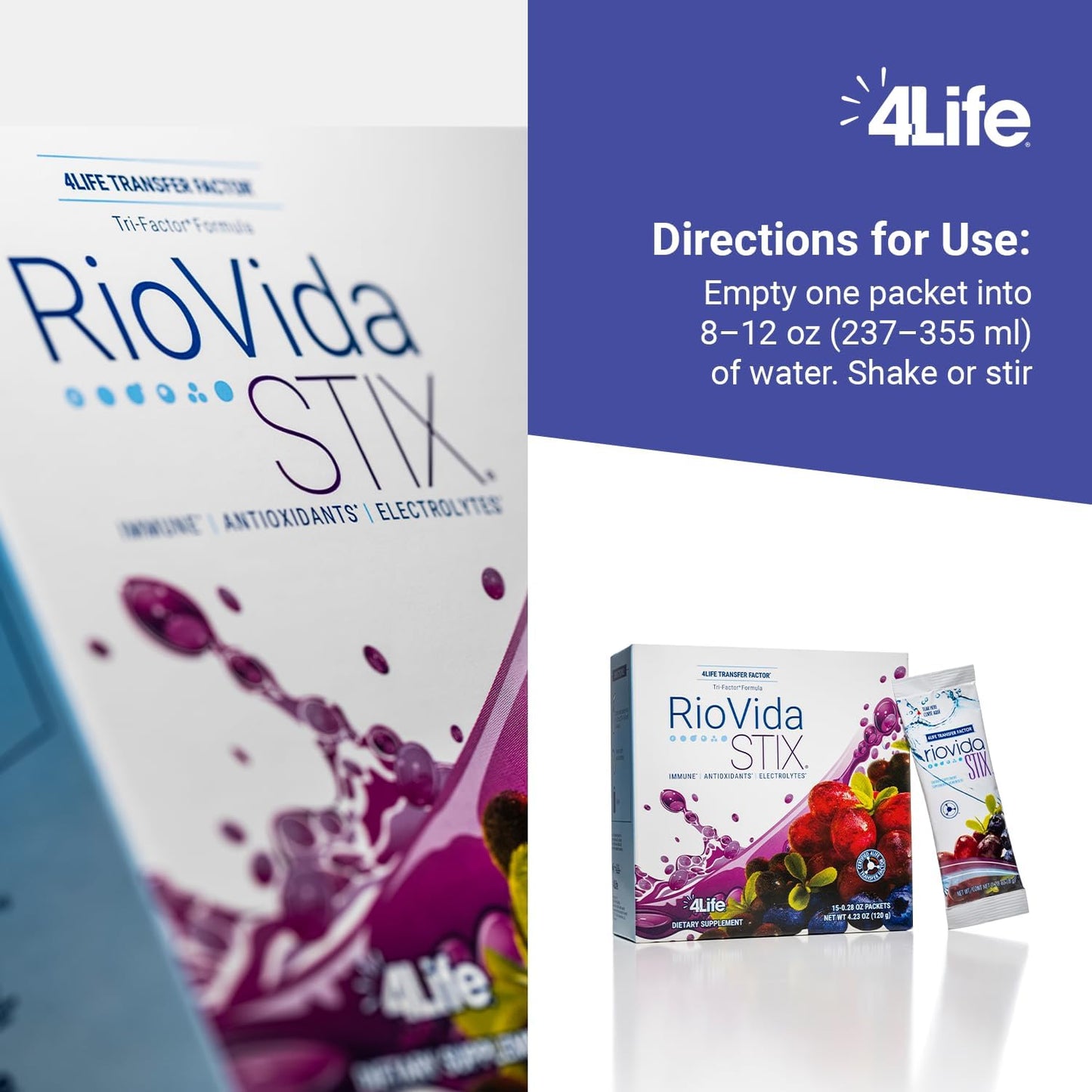 4Life Transfer Factor RioVida Stix Tri-Factor Formula with Elderberry, Blueberry, Pomegranate, Acai - 15 Packets - Immune System Support