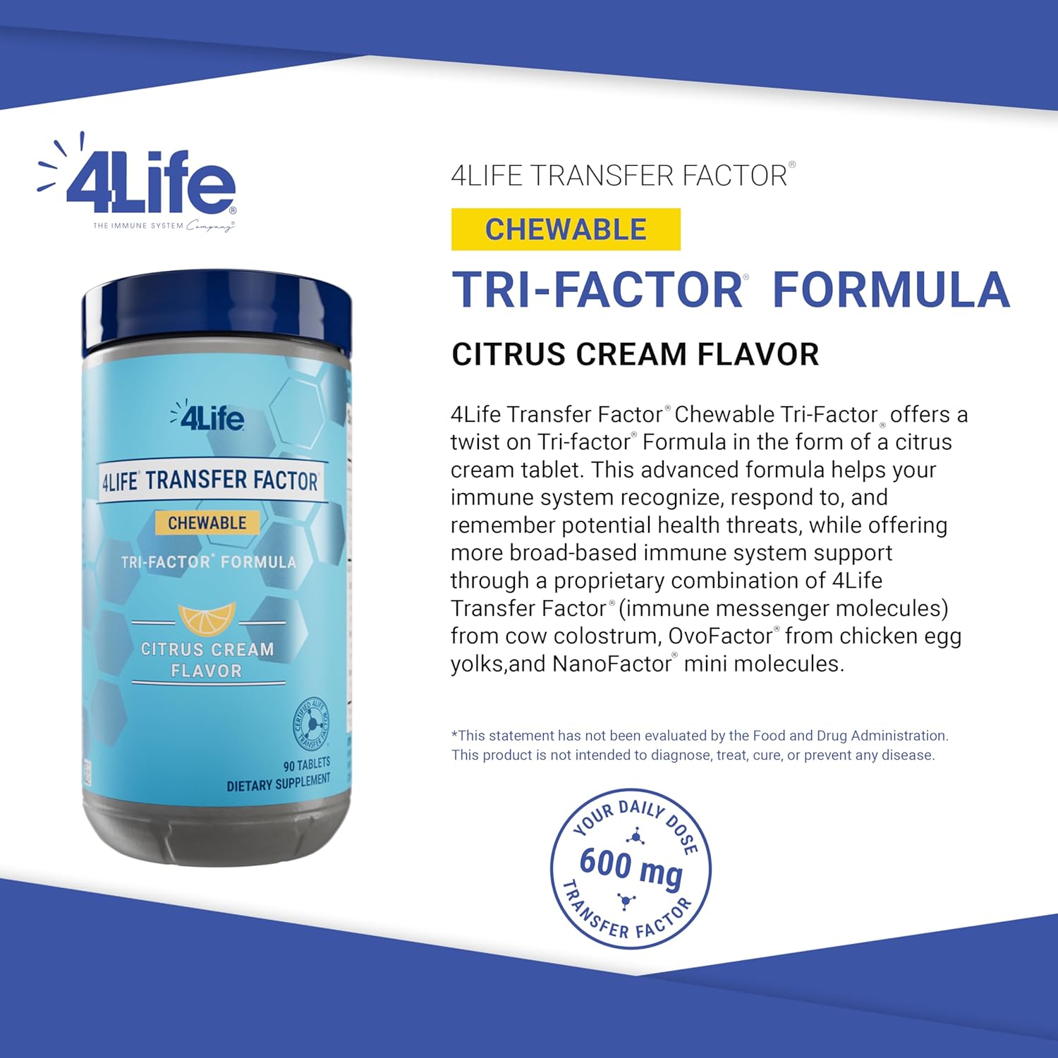 4Life Transfer Factor Tri-Factor Chewables with Colostrum and Egg Yolk Extracts - Citrus Cream Flavor - 90 Tablets