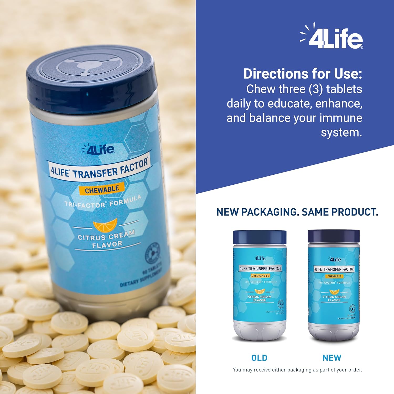 4Life Transfer Factor Tri-Factor Chewables with Colostrum and Egg Yolk Extracts - Citrus Cream Flavor - 90 Tablets