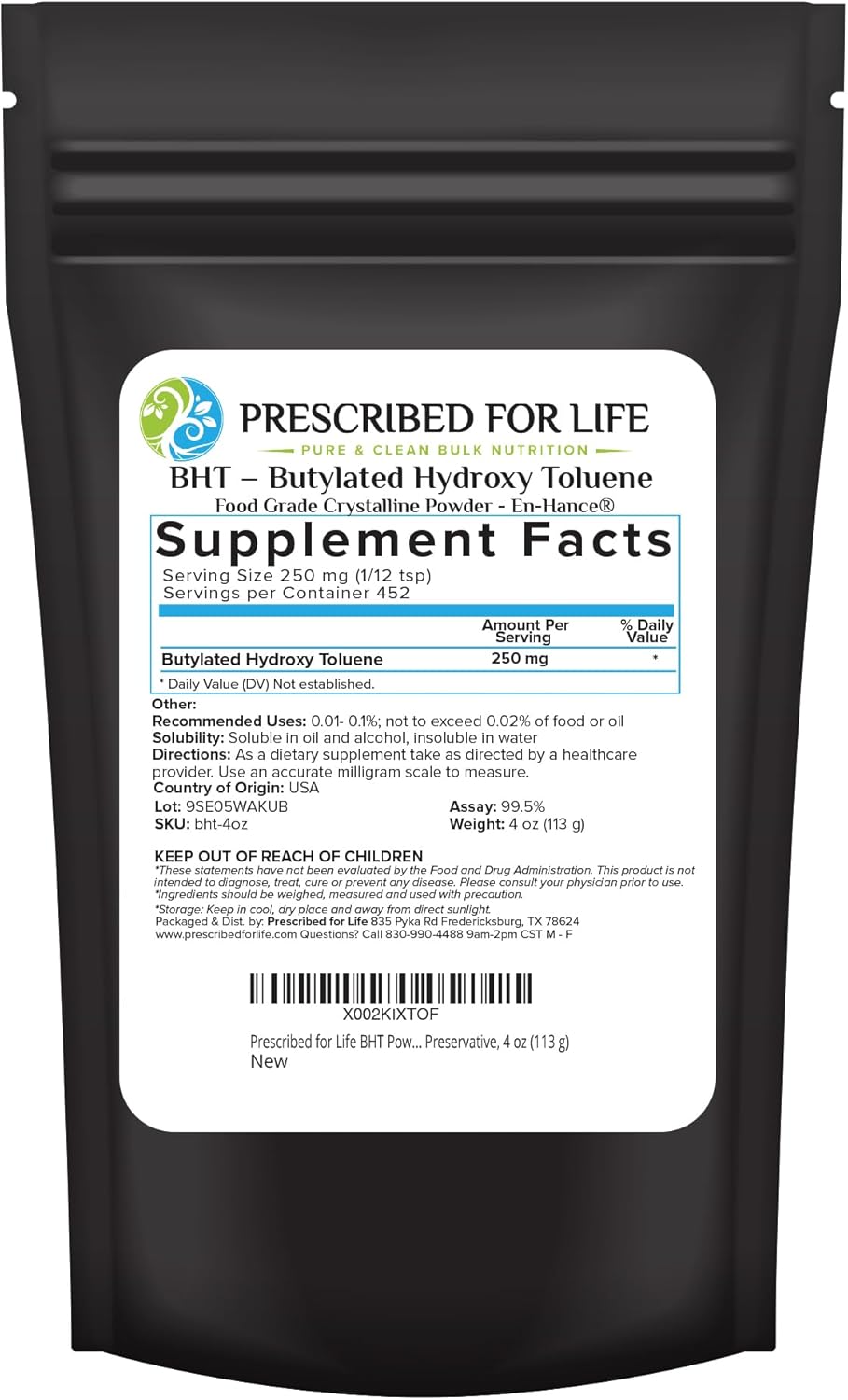 4oz BHT Powder - Food Grade Butylated Hydroxytoluene for Preservation - Vegan, Gluten Free, Non GMO - Soy Free & Unbleached