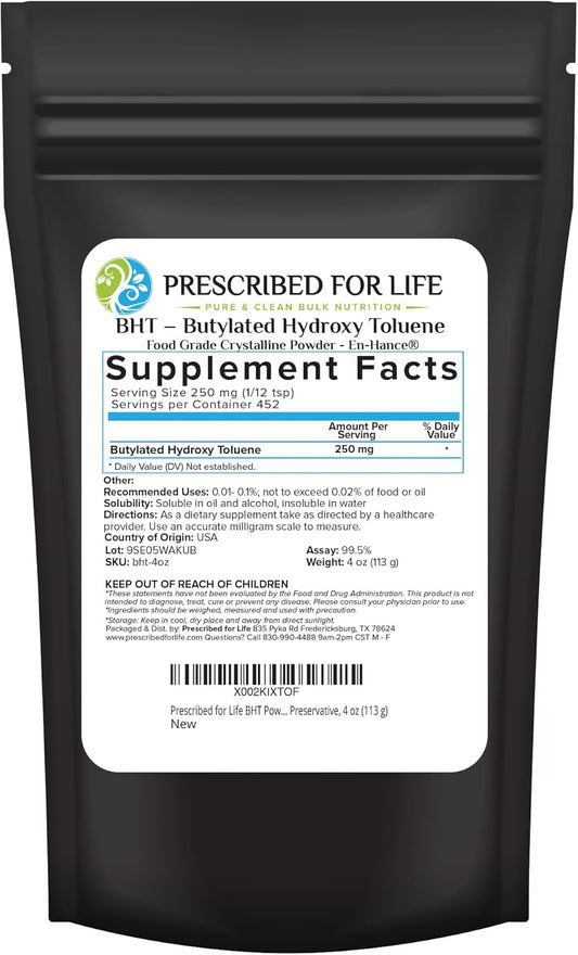4oz BHT Powder - Food Grade Butylated Hydroxytoluene for Preservation - Vegan, Gluten Free, Non GMO - Soy Free & Unbleached