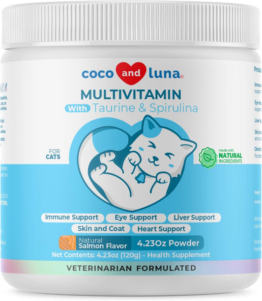 4oz Powder Cat Multivitamin with L-Lysine, Taurine, Spirulina, Fish Oil - Immune Support, Eye Health, Skin & Heart Health.