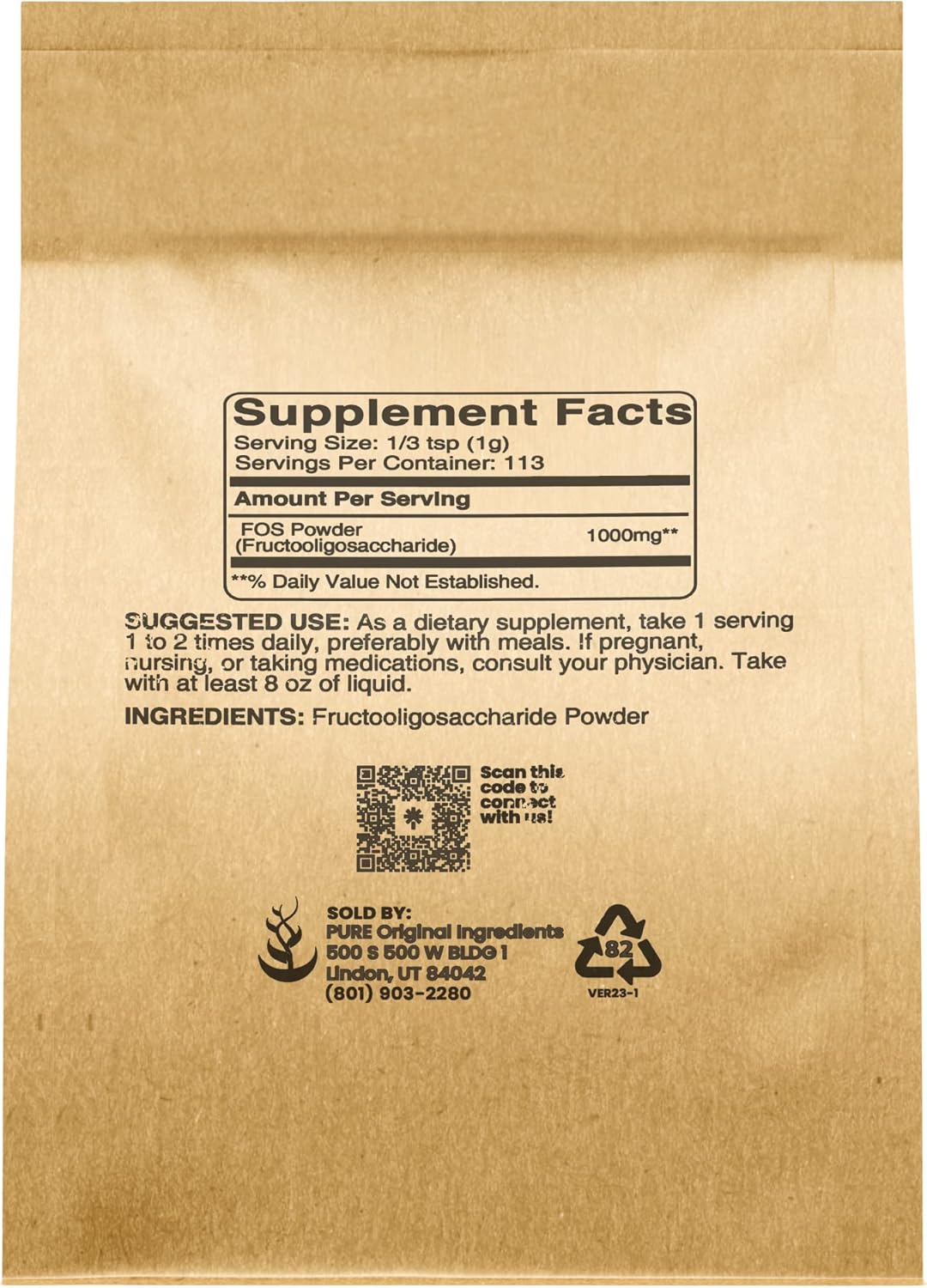4oz Pure Fructooligosaccharides Powder - Original Ingredients, No Additives - FOS Supplement