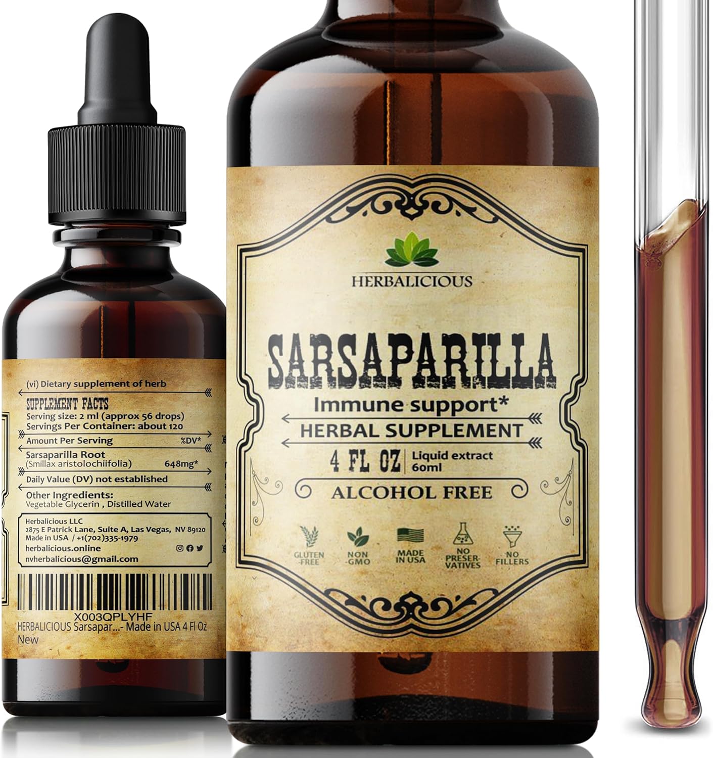 4oz Sarsaparilla Extract - Herbal Supplement for Immunity & Skin - Non-GMO, Gluten-Free - Made in USA