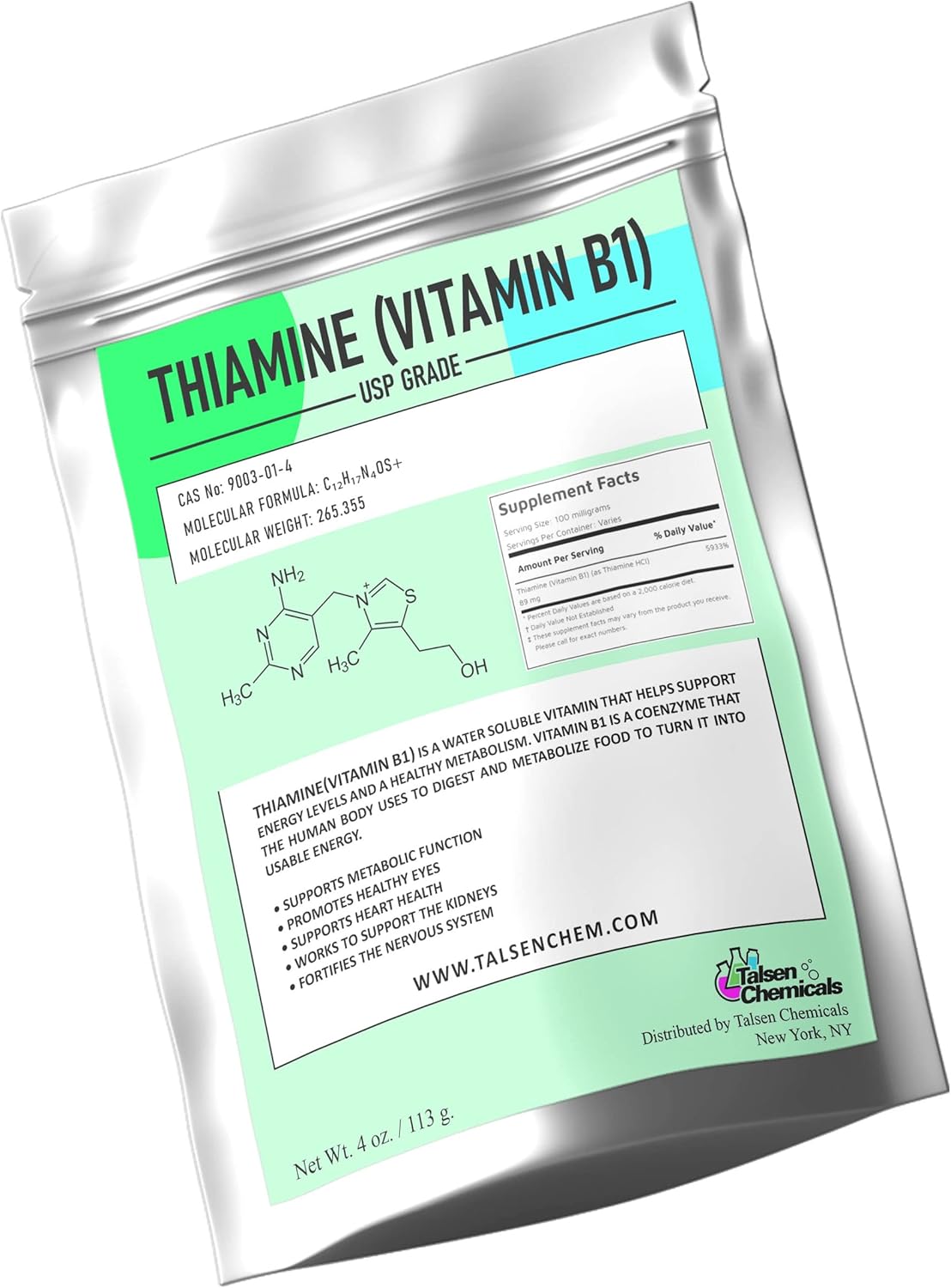 4oz Talsen Chemicals Vitamin B1 Thiamine Powder for Energy Metabolism and Nerve Function Support