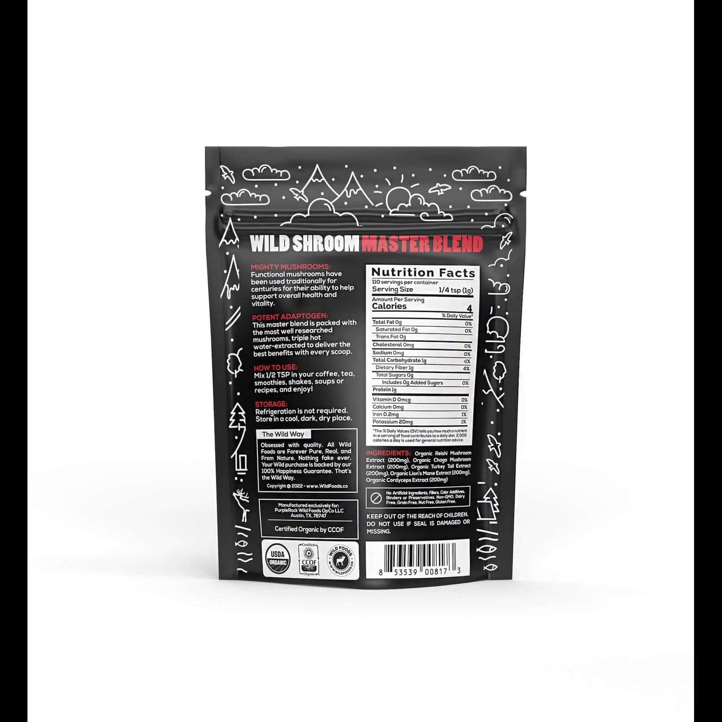 4oz Wild Foods Mushroom Blend - Reishi, Chaga, Cordyceps, Turkey Tail, Lion’s Mane - Adaptogenic Stress Reducer, Nootropic Liquid Blend for Coffee