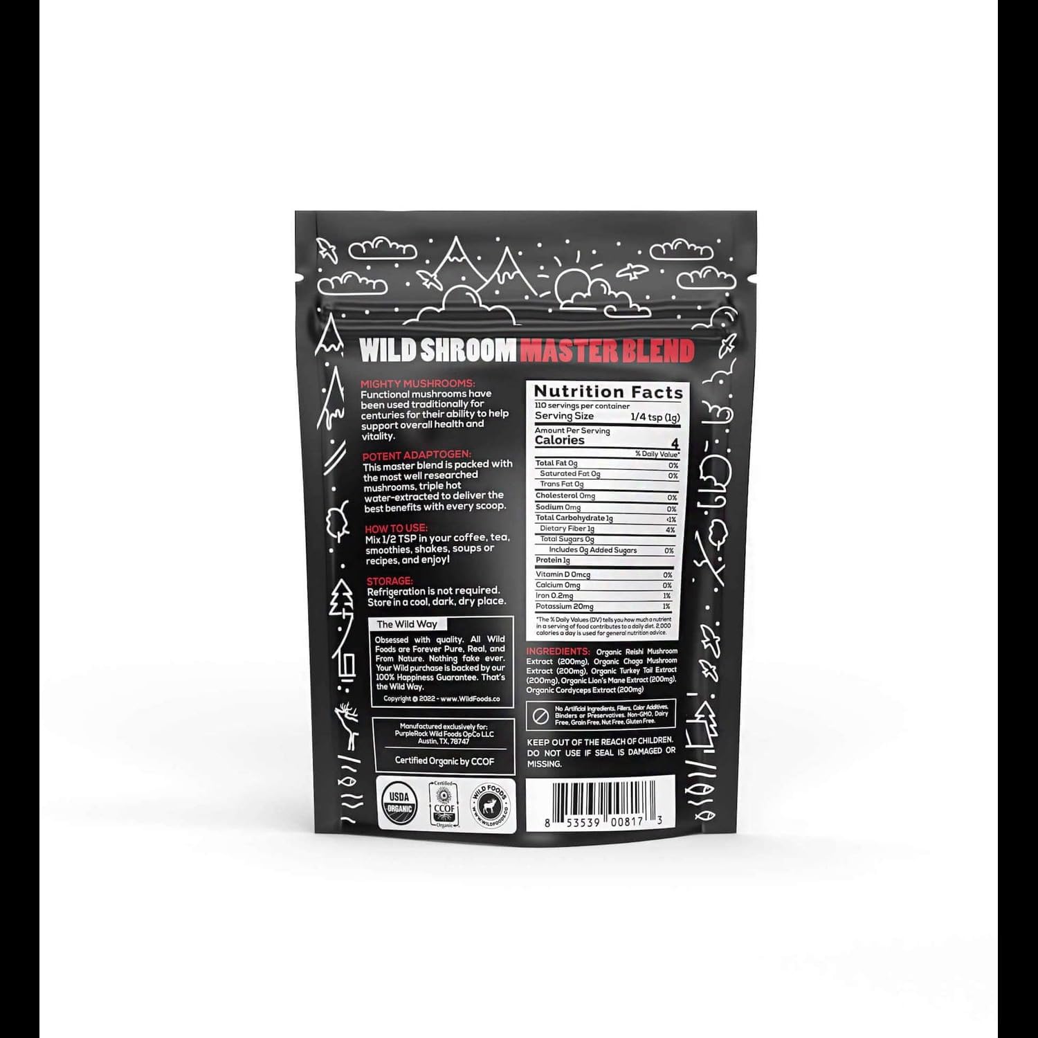 4oz Wild Foods Mushroom Blend - Reishi, Chaga, Cordyceps, Turkey Tail, Lion’s Mane - Adaptogenic Stress Reducer, Nootropic Liquid Blend for Coffee