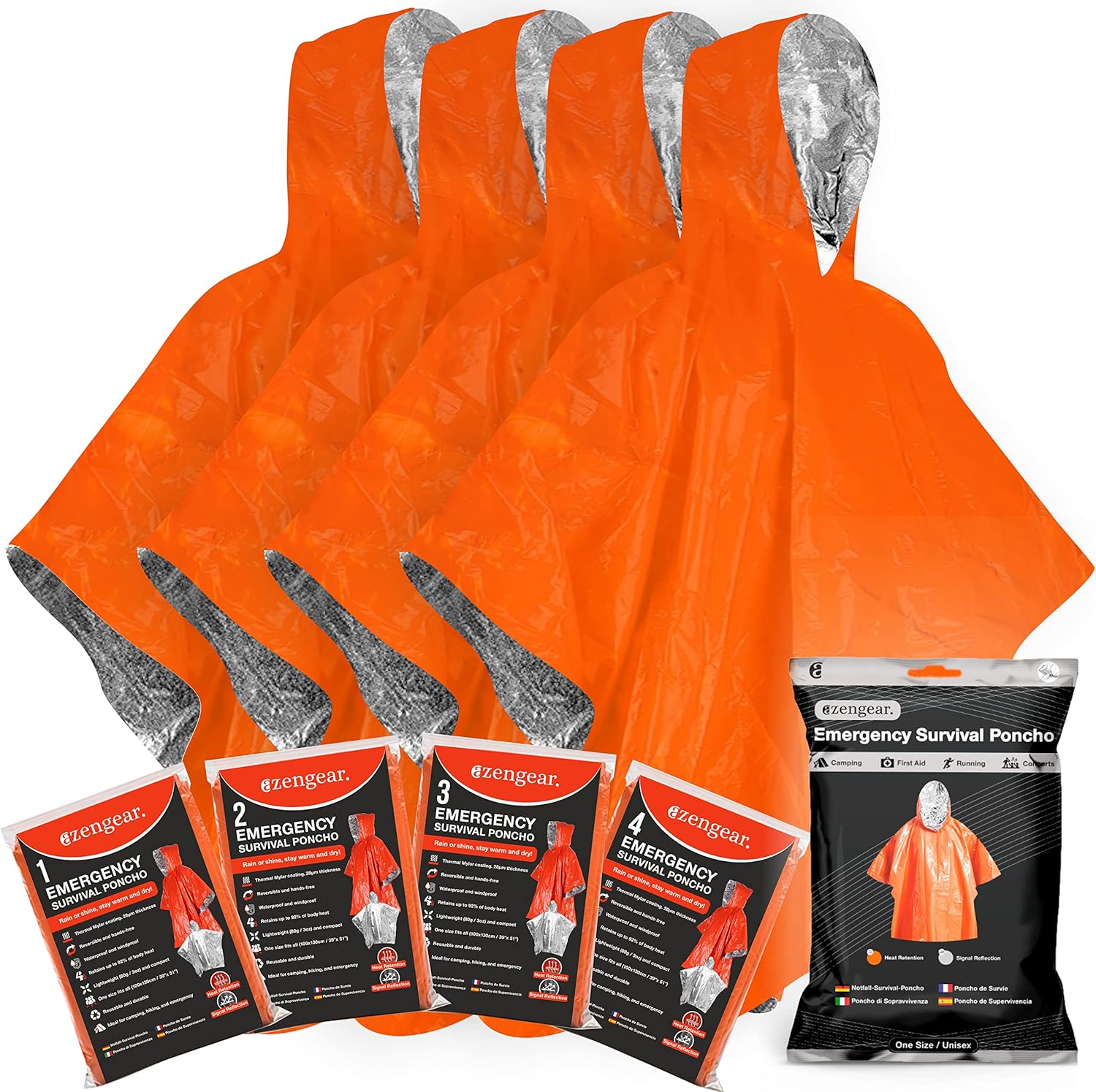 4pc Thermal Mylar Foil Coating Poncho for Emergency Survival | Reversible with Hood | Waterproof, Windproof, Portable Outdoor Gear Kit