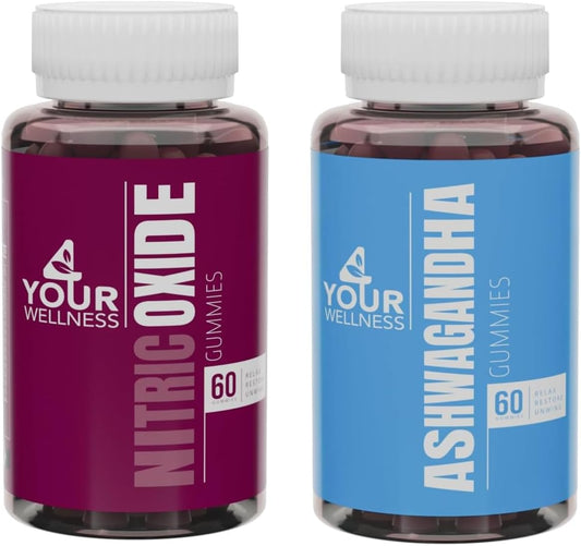 4YWN Nitric Oxide and Ashwagandha Gummies Bundle for Energy and Restoration, Non-GMO, Gluten-Free, Gelatin Free, Kosher - Daily Focus Support
