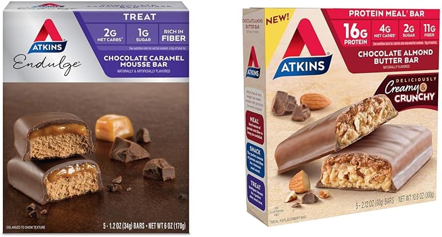5 Count Atkins Endulge Chocolate Caramel Mousse Bar & Chocolate Almond Butter Protein Meal Bar - Low Sugar, High Fiber, Keto Friendly