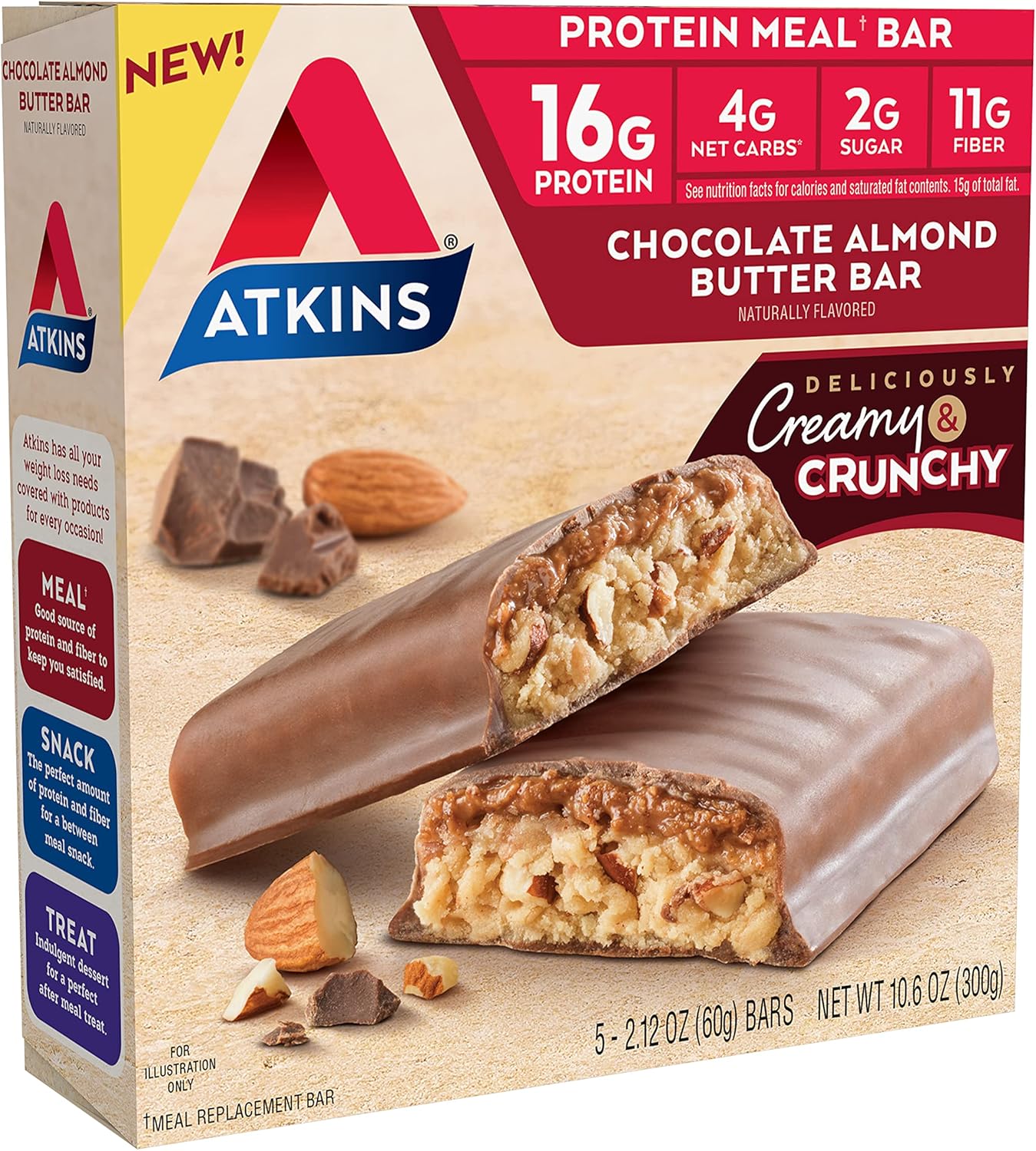 5 Count Atkins Endulge Chocolate Caramel Mousse Bar & Chocolate Almond Butter Protein Meal Bar - Low Sugar, High Fiber, Keto Friendly