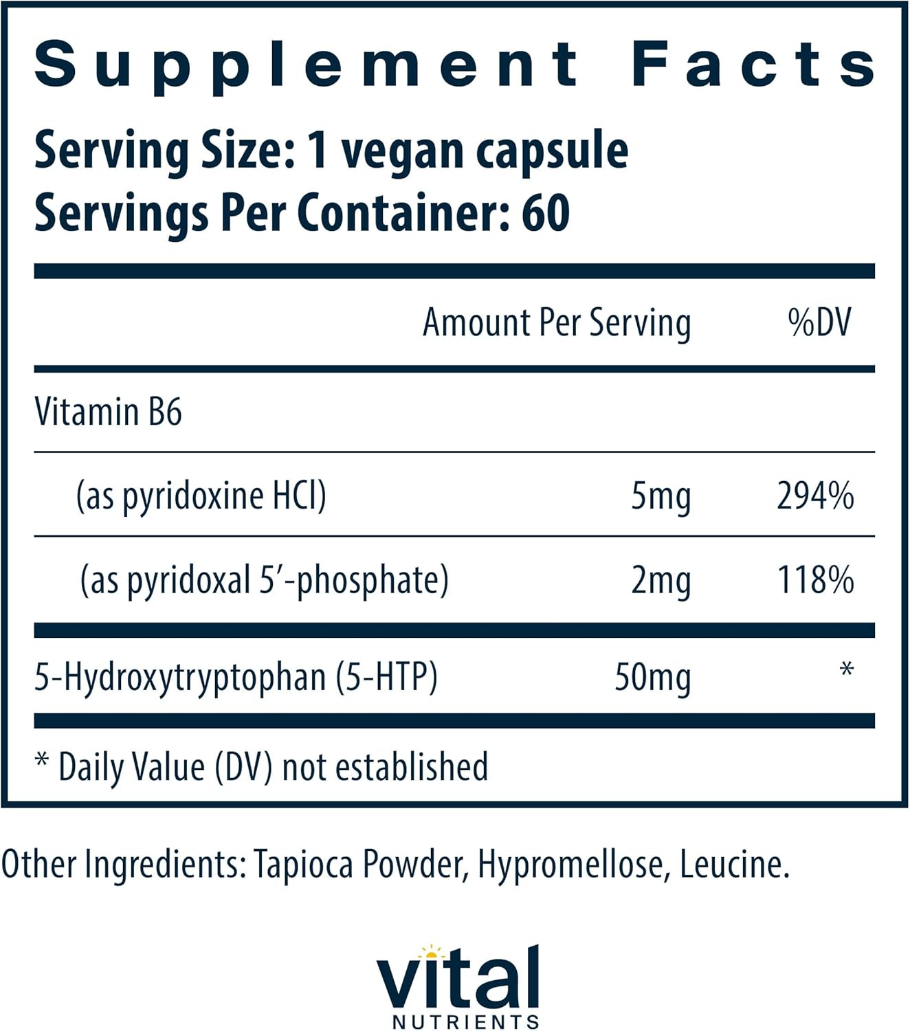 5-HTP 50mg Supplement for Serotonin Support, Sleep, and Stress Relief - Vegan with Vitamin B6 - Gluten, Dairy, Soy Free - Non-GMO - 60 Caps
