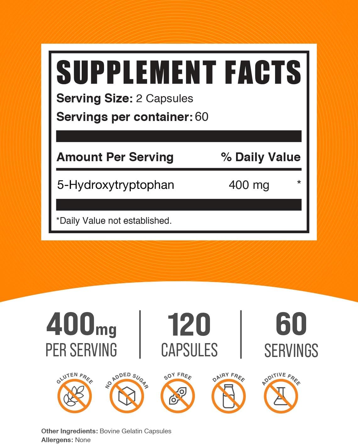 5-HTP Capsules 400mg - Gluten Free 5-Hydroxytryptophan Supplement for Well-Being - 120 Capsules