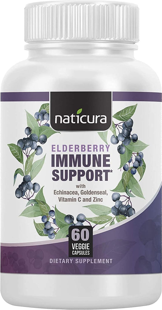 5-in-1 Elderberry Immune Support Supplement for Men and Women - 60 Capsules with Vitamin C, Zinc, Goldenseal, Echinacea, Prebiotics, and Probiotics - Made in USA