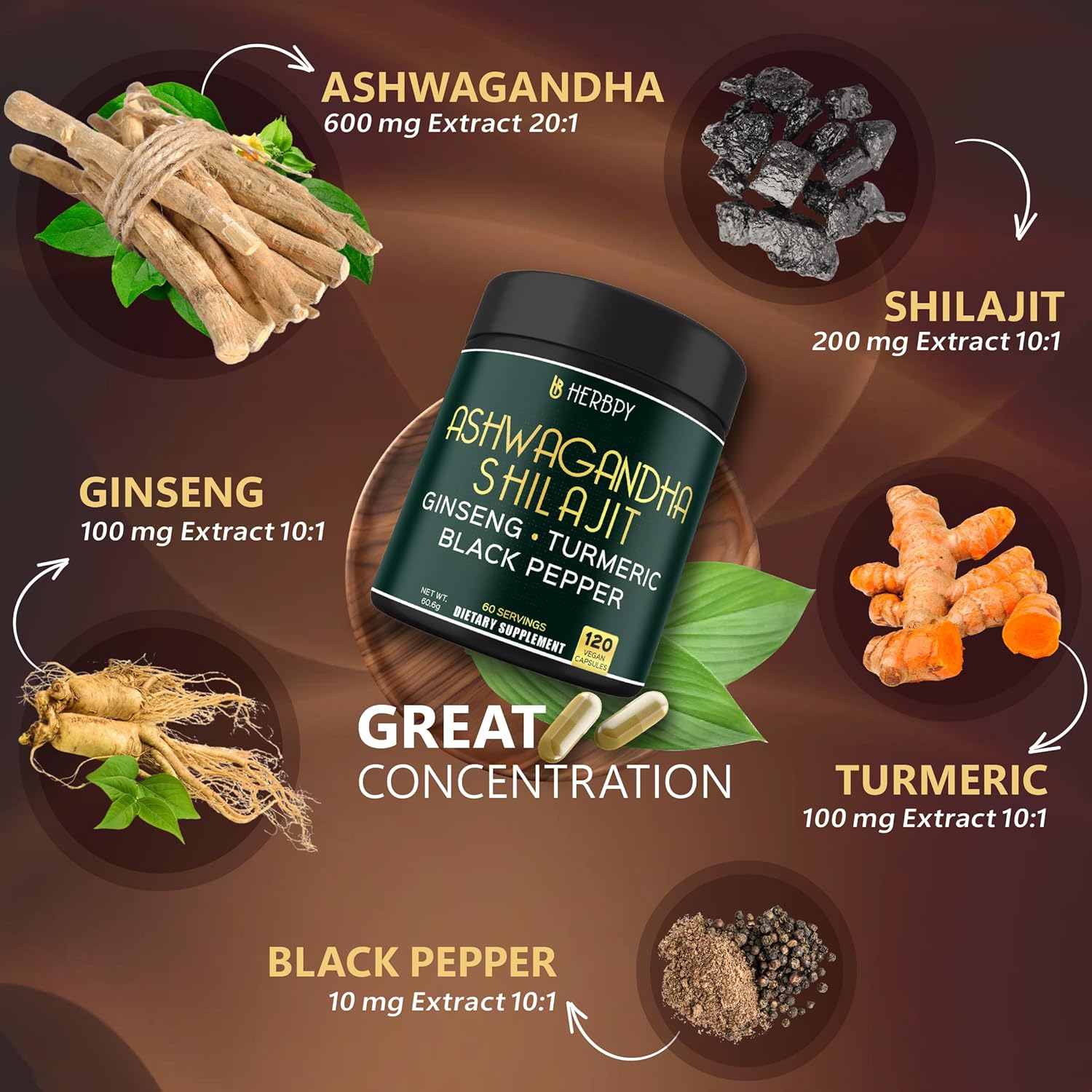 5-in-1 Herbpy Bundle with Ashwagandha, Shilajit, and Ginger Supplements for Heart, Digestion, and Immune Support