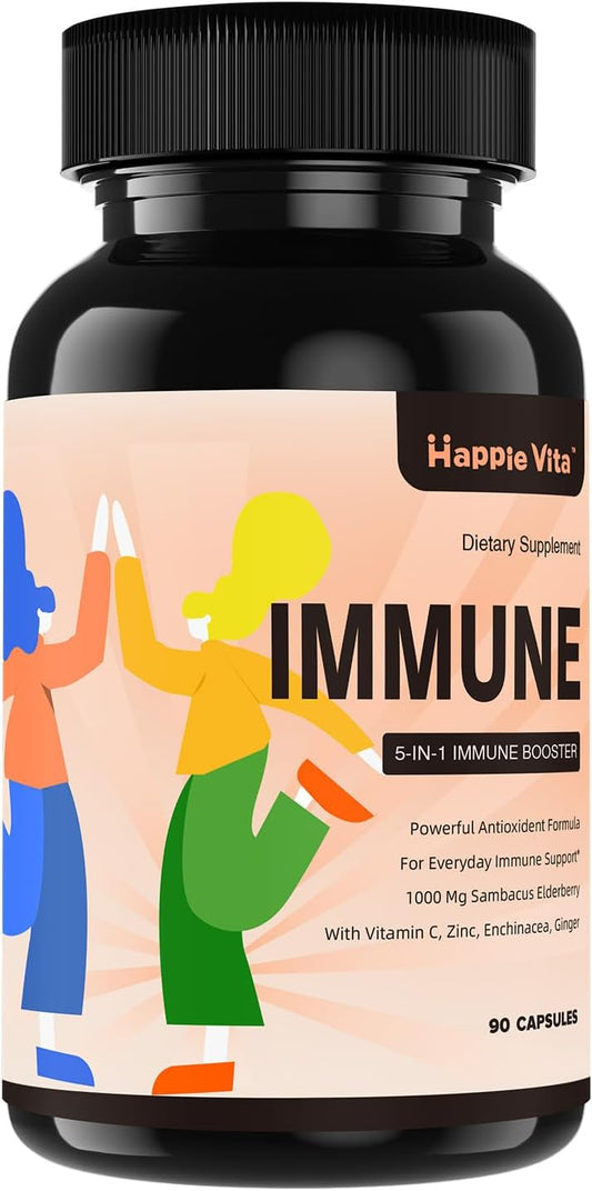 5-in-1 Immune Support Supplement with Elderberry, Vitamin C, Zinc, Echinacea, Ginger - 90 Capsules for Adults