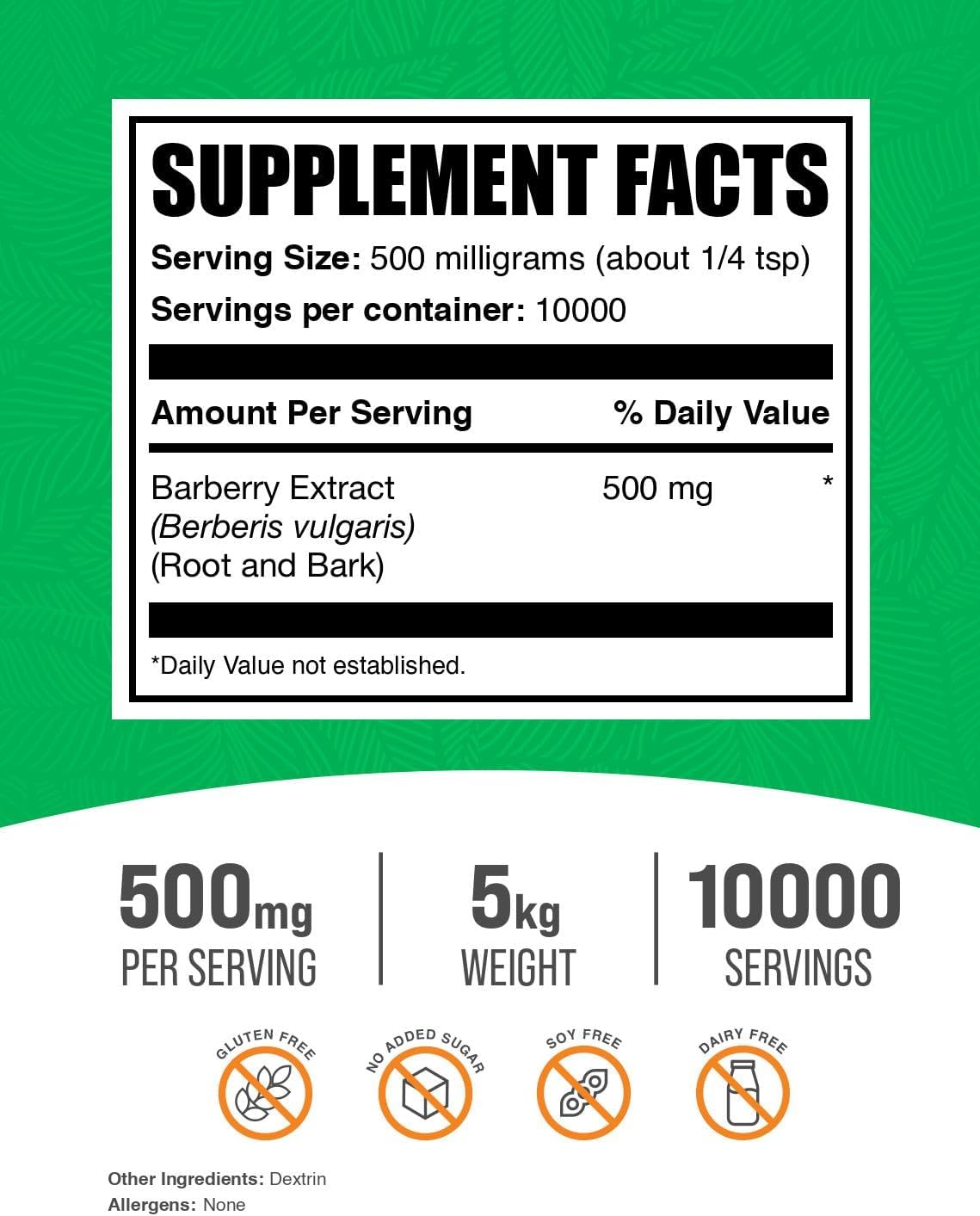 5 Kilograms Bulk Barberry Extract Powder - Pure Berberine Supplement from Root & Bark - Soy Free - 500mg per Serving - Pack of 5