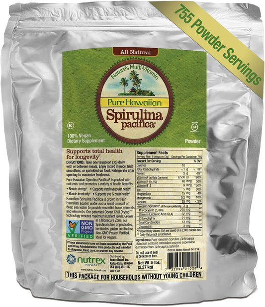 5 lb Bulk Bag of Nutrex Pure Hawaiian Spirulina Powder - Boost Energy & Immunity - Vegan & Non GMO - Natural Superfood from Hawaii