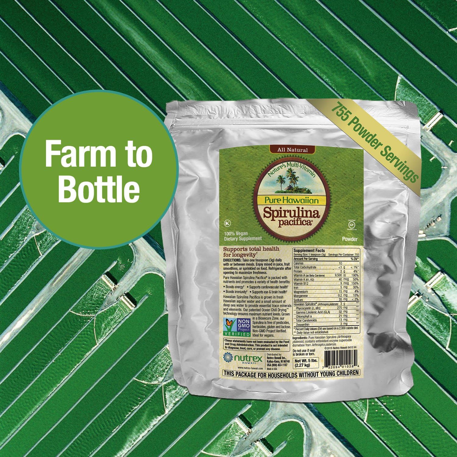 5 lb Bulk Bag of Nutrex Pure Hawaiian Spirulina Powder - Boost Energy & Immunity - Vegan & Non GMO - Natural Superfood from Hawaii