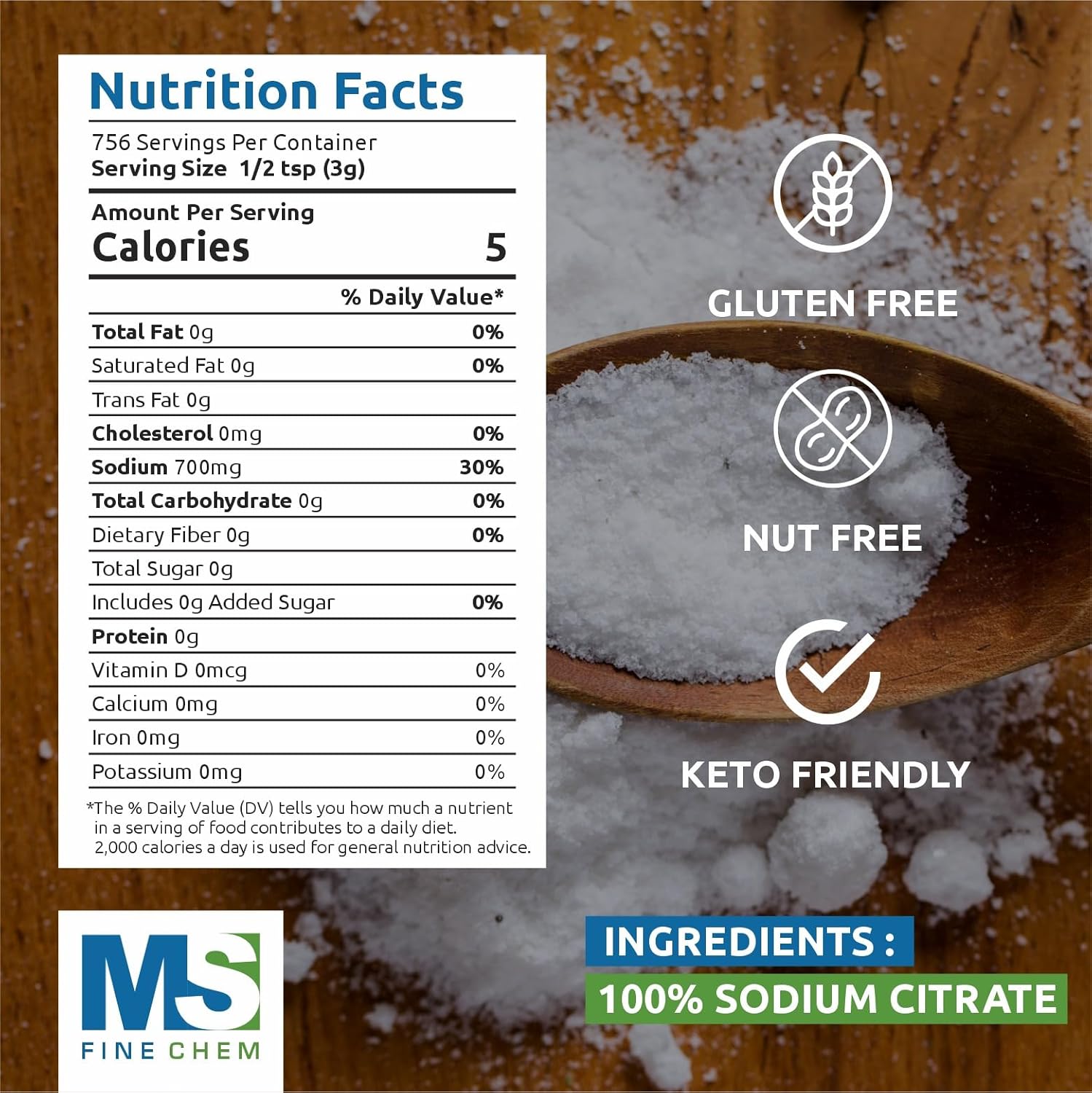 5 lb MS Finechem Sodium Citrate - Non-GMO, Keto-Friendly Emulsifier for Cheese Sauce - Gluten-Free, Nut-Free Food Grade Preservative