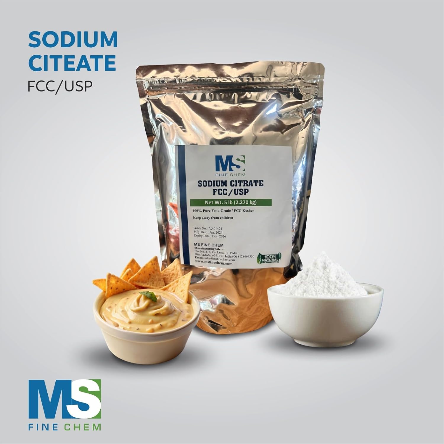 5 lb MS Finechem Sodium Citrate - Non-GMO, Keto-Friendly Emulsifier for Cheese Sauce - Gluten-Free, Nut-Free Food Grade Preservative