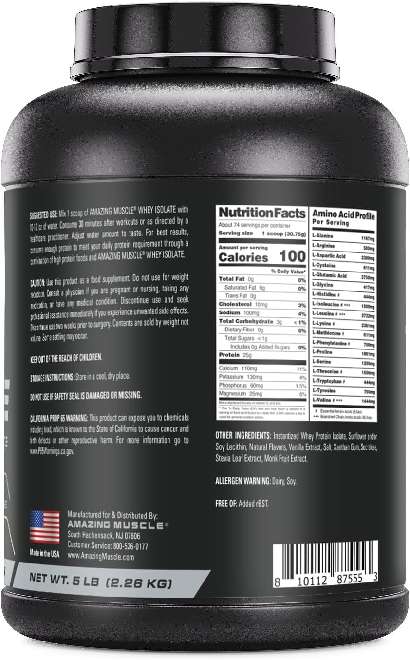 5 Lb Vanilla Whey Protein Isolate Powder | 25g Protein Per Serving | 100% Whey Isolate | Zero Fat | Made in USA