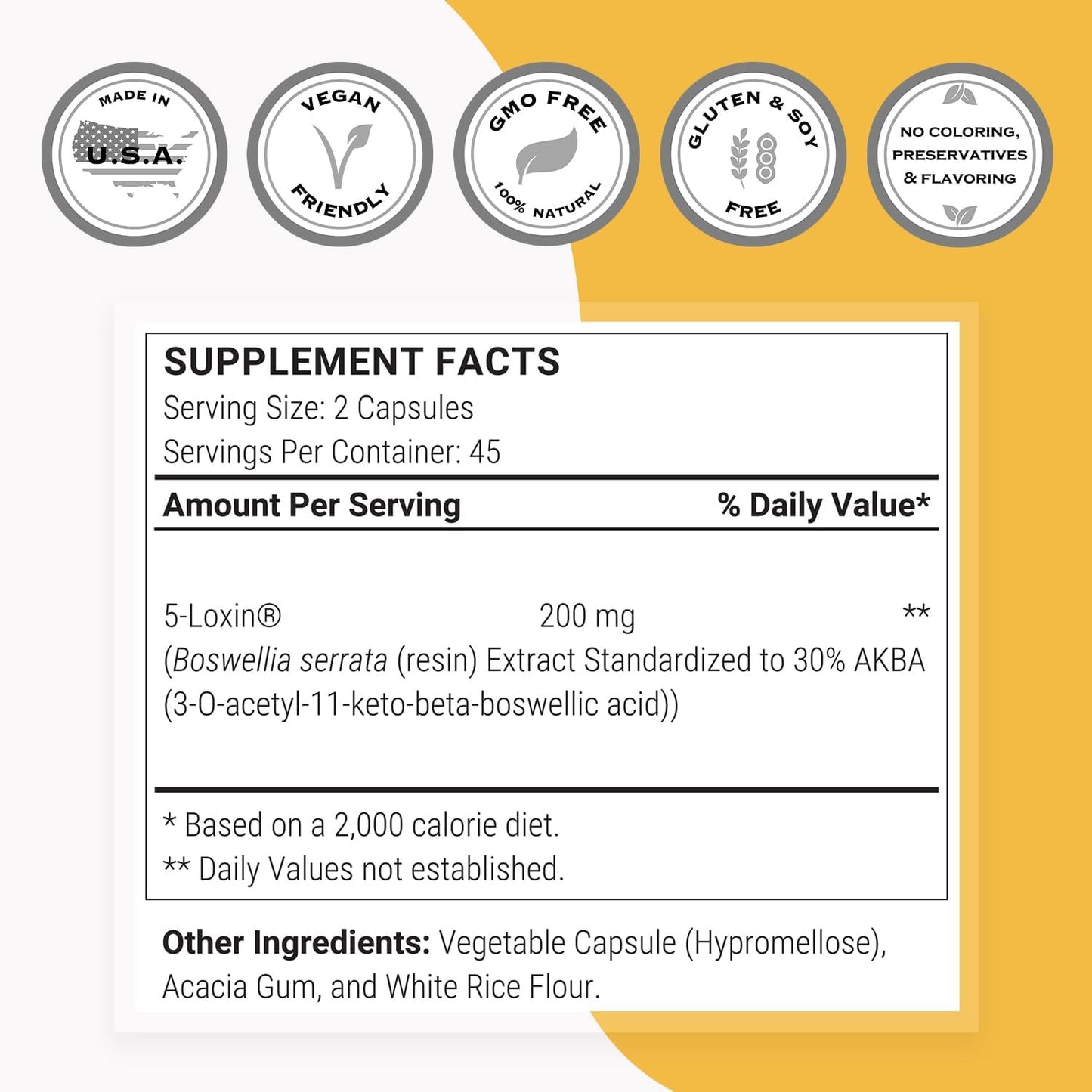 5-Loxin Boswellia Serrata Extract Supplement - 200mg Daily - Patented AKBA Formula - Non-GMO & Gluten Free - 90 Capsules