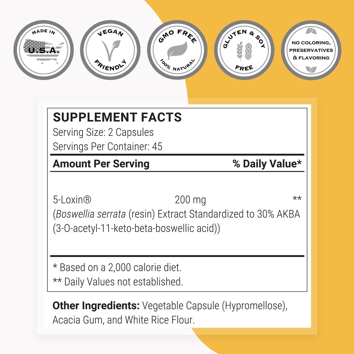 5-Loxin Boswellia Serrata Extract Supplement - 200mg Daily - Patented AKBA Formula - Non-GMO & Gluten Free - 90 Capsules