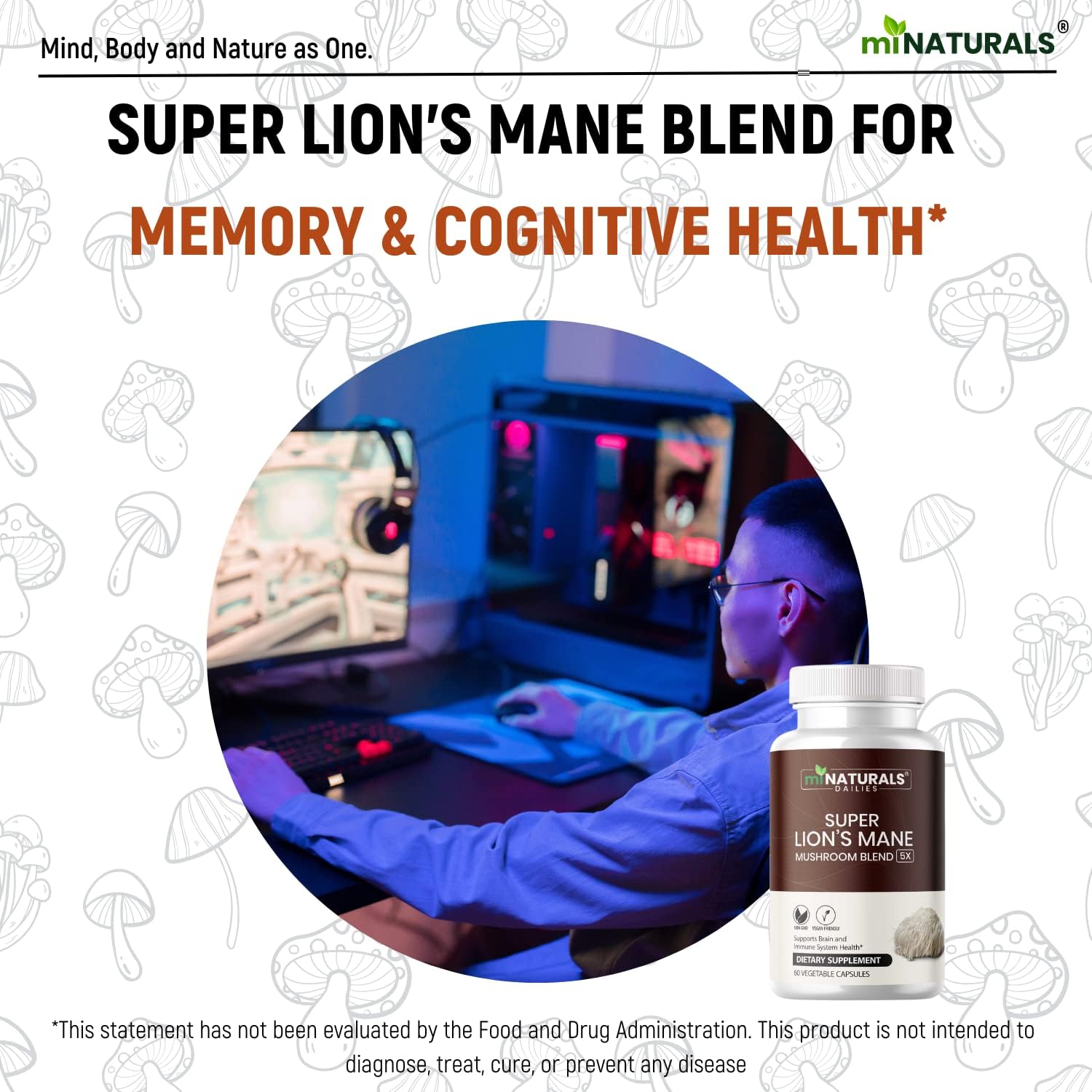 5 Mushroom Complex Supplement Capsules for Immune System & Brain Health with Lions Mane, Chaga, Reishi, Shiitake, Maitake Extracts