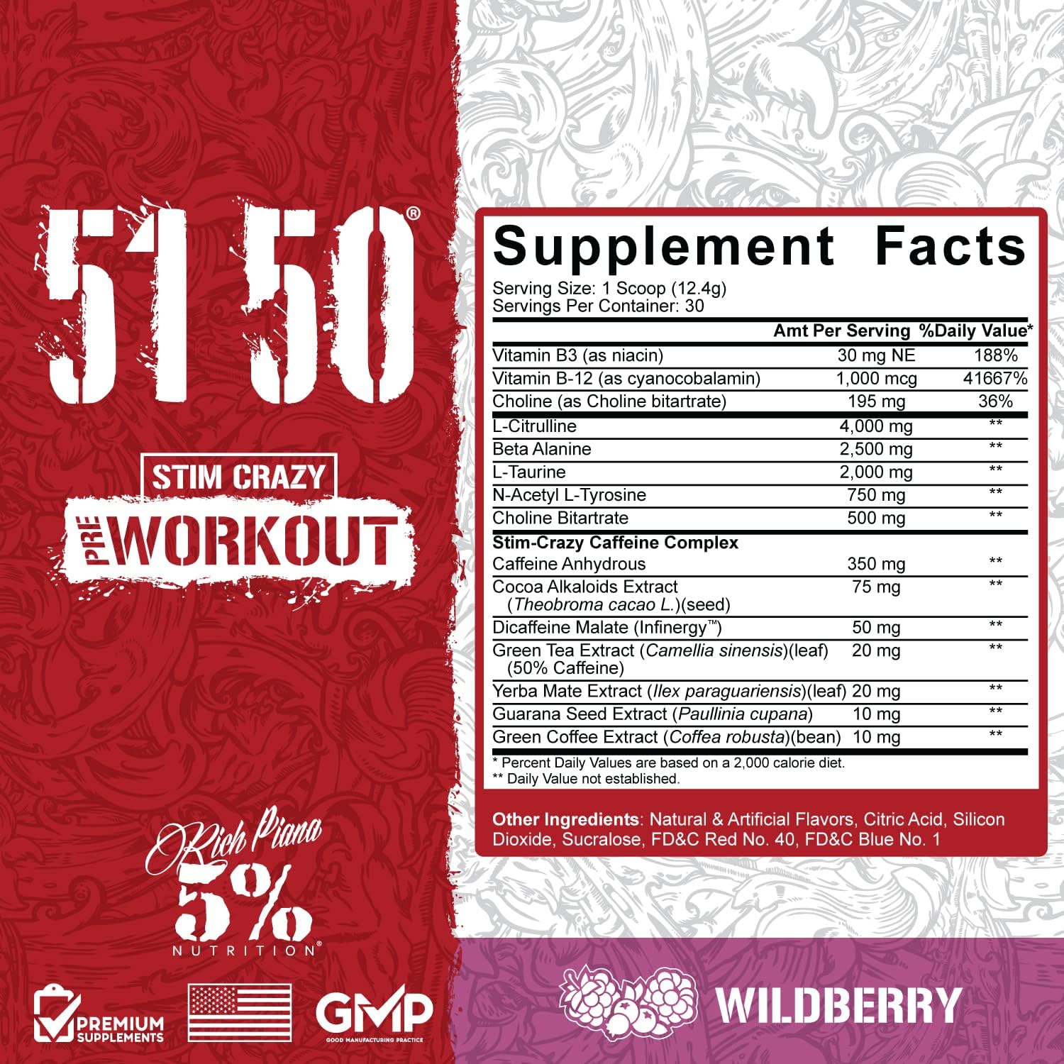 5% Nutrition 5150 High Stim Pre-Workout Powder - Extreme Energy, Focus, & Pumps - 400mg Caffeine, Citrulline, Beta Alanine - 30 Servings