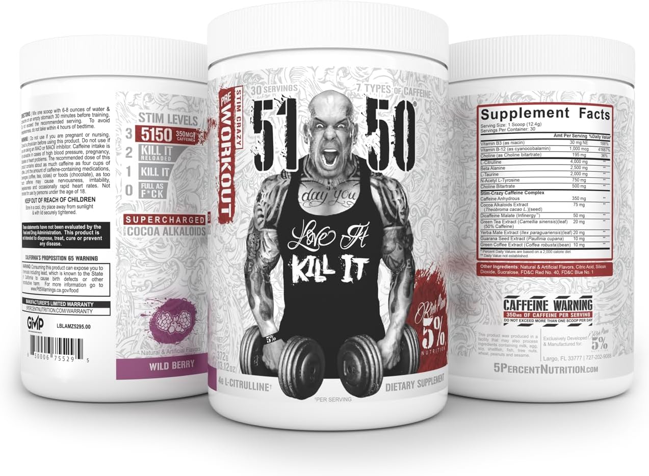 5% Nutrition 5150 High Stim Pre-Workout Powder - Extreme Energy, Focus, & Pumps - 400mg Caffeine, Citrulline, Beta Alanine - 30 Servings