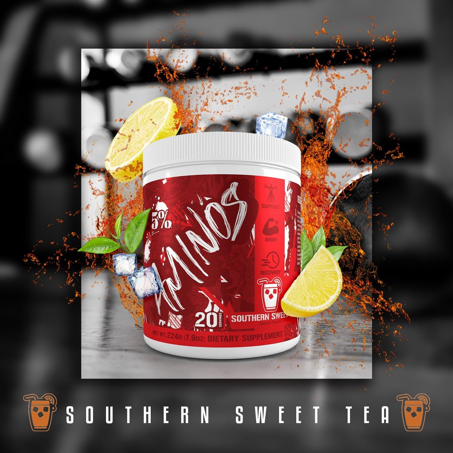 5% Nutrition Code Red Aminos BCAA & EAA Powder - Full Spectrum Post Workout Recovery Drink for Men & Women - Southern Sweet Tea Flavor