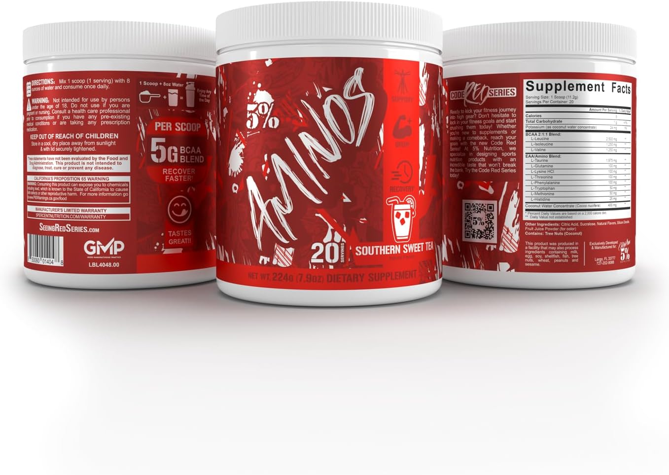 5% Nutrition Code Red Aminos BCAA & EAA Powder - Full Spectrum Post Workout Recovery Drink for Men & Women - Southern Sweet Tea Flavor