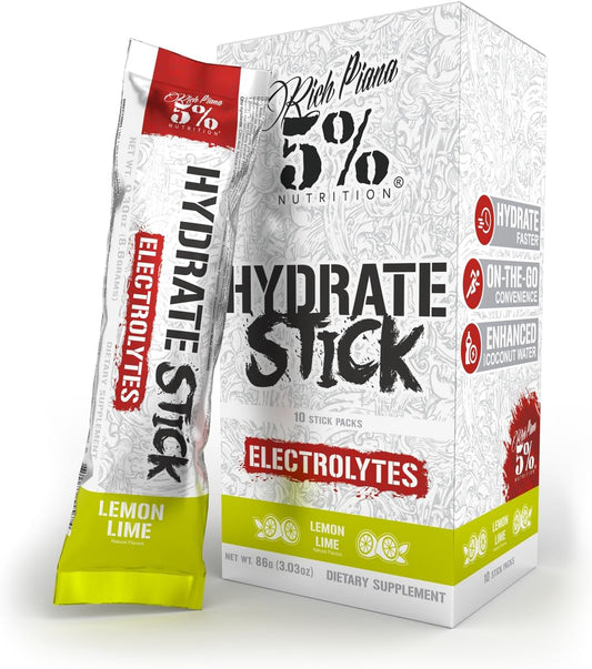 5% Nutrition Hydrate Stick Hydration Packets - Electrolyte Powder Mix with Coconut Water (Lemon Lime, 10 Pack)